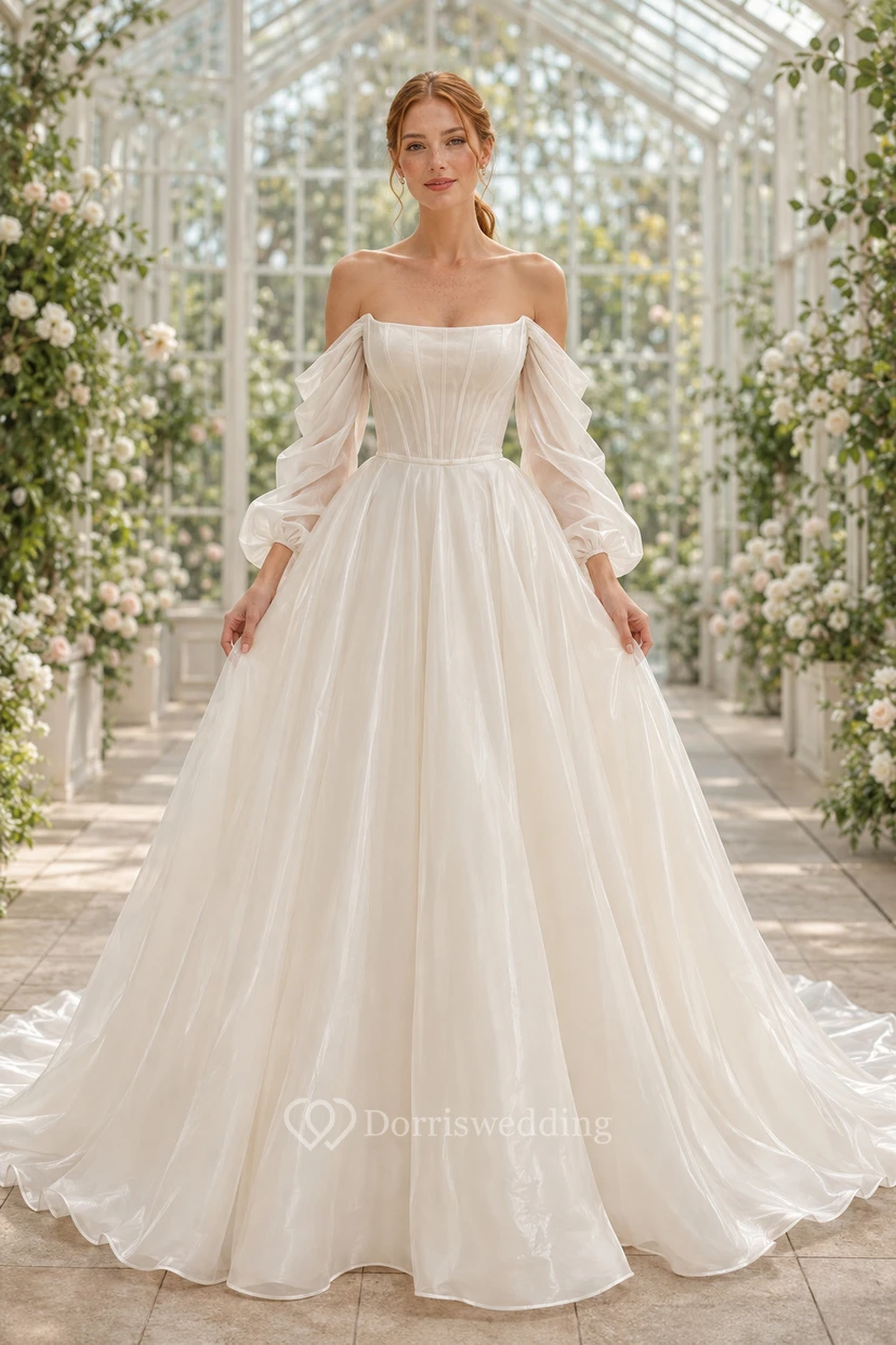 Brautkleid aus Organza-Tüll, A-Linie, schulterfrei, lange Ärmel, Schleppe