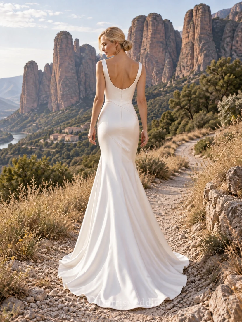 Vestido de novia sencillo de satén sin mangas con escote joya y cola larga, estilo sirena. view 2