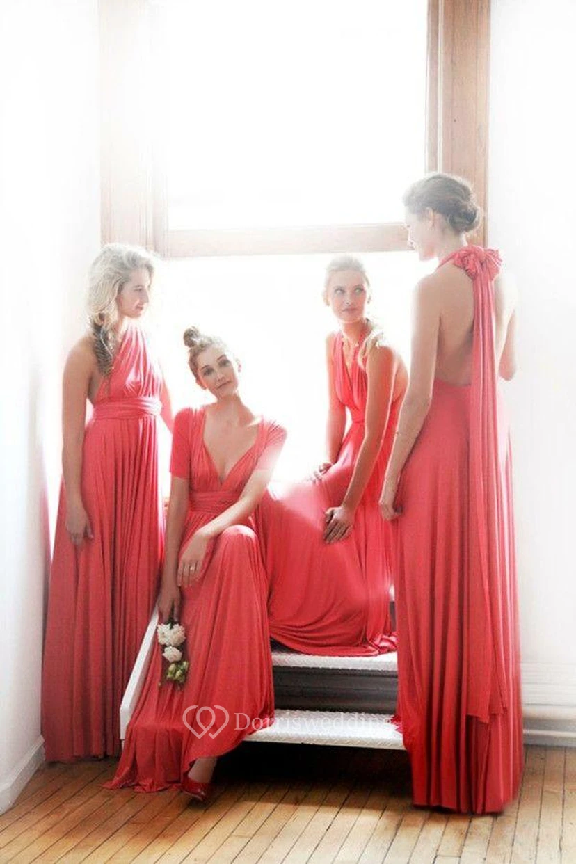 Different Style Chiffon Prom Gowns Floor Length Ruffles Concertible Bridesmaid Dresses