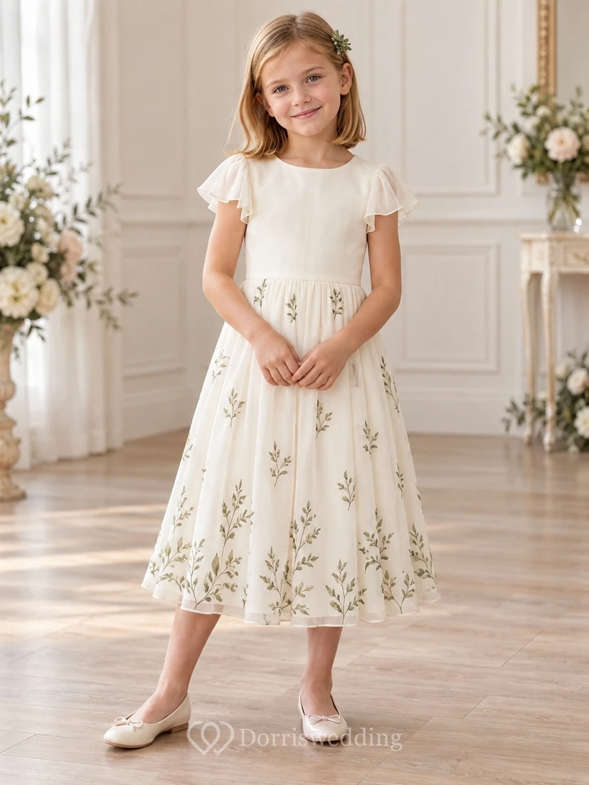 Modest Simple Cream Tea-length Jewel Sheer Flutter Sleeves Branch-Print Gathered Chiffon A-line Flowergirl Dress