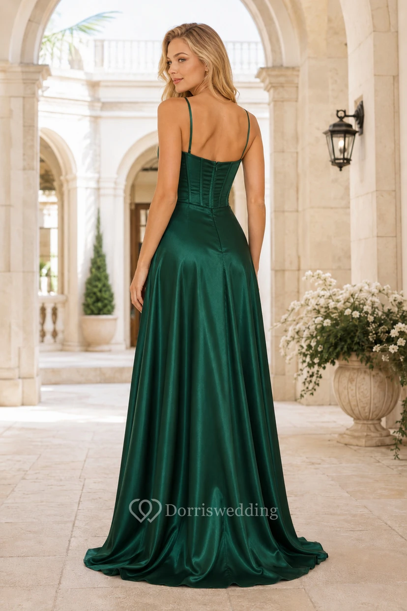 Dark Green Cowl Neck Satin A-Line Bridesmaid Dress with Slit for Bridesmaids Wedding Guests and Formal Receptions view 2