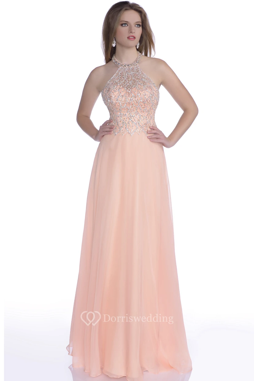 Beaded Corset Chiffon A-Line Prom Dress With Shining Halter