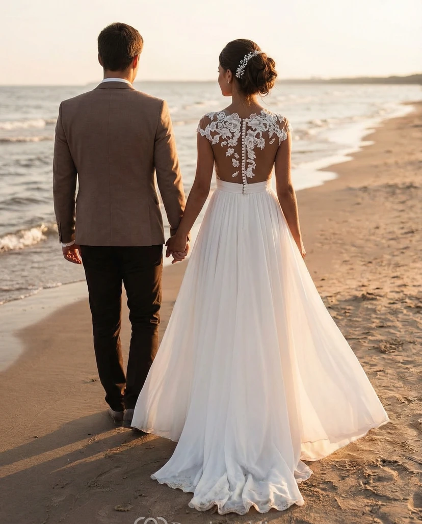 Vestido de novia bohemio de gasa con mangas cortas para la playa view 2