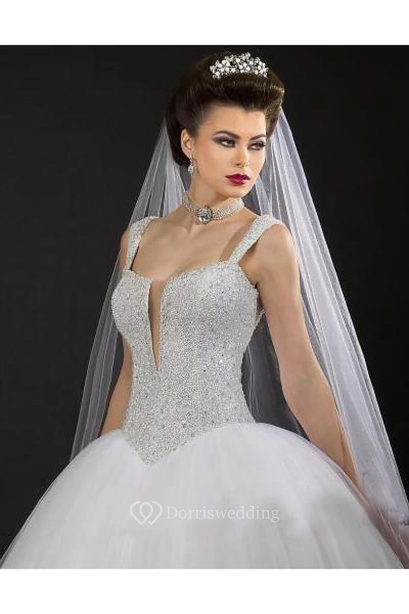 Modern V-neck Tulle Ball Gown Wedding Dress Sequins Beadings view 3