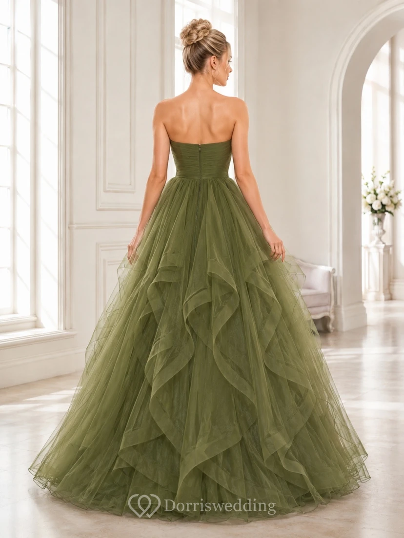 Olive Green Tulle Strapless Tiered Ball Gown Floor-length Formal Dress view 2