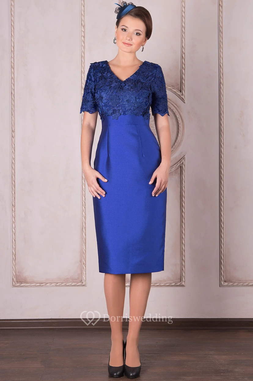 Knielanges, 3-4-ärmeliges, appliziertes Satin-Kleid mit V-Ausschnitt für die Mutter der Braut view 3