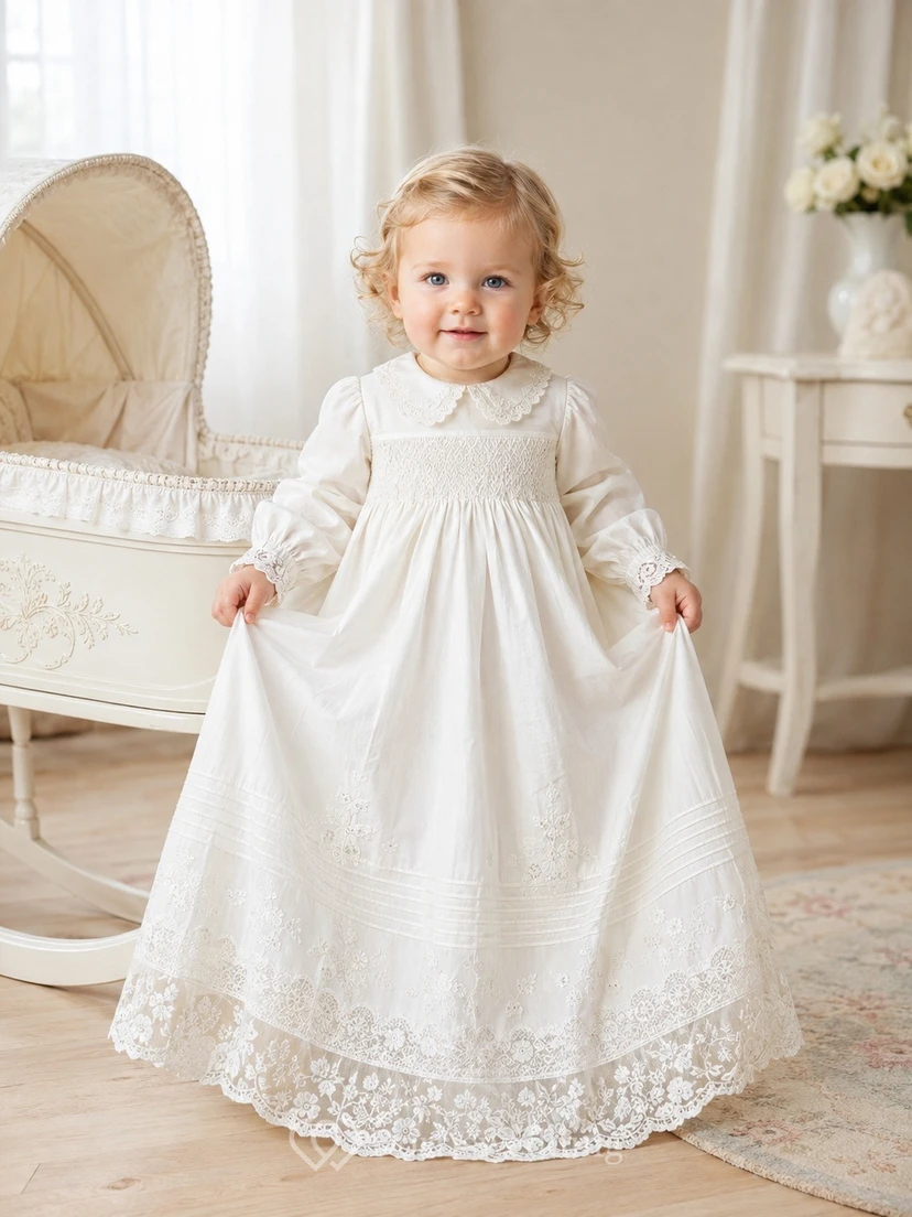 Vintage Modest Long Sleeve Lace Floor Length Christening Baby Gown
