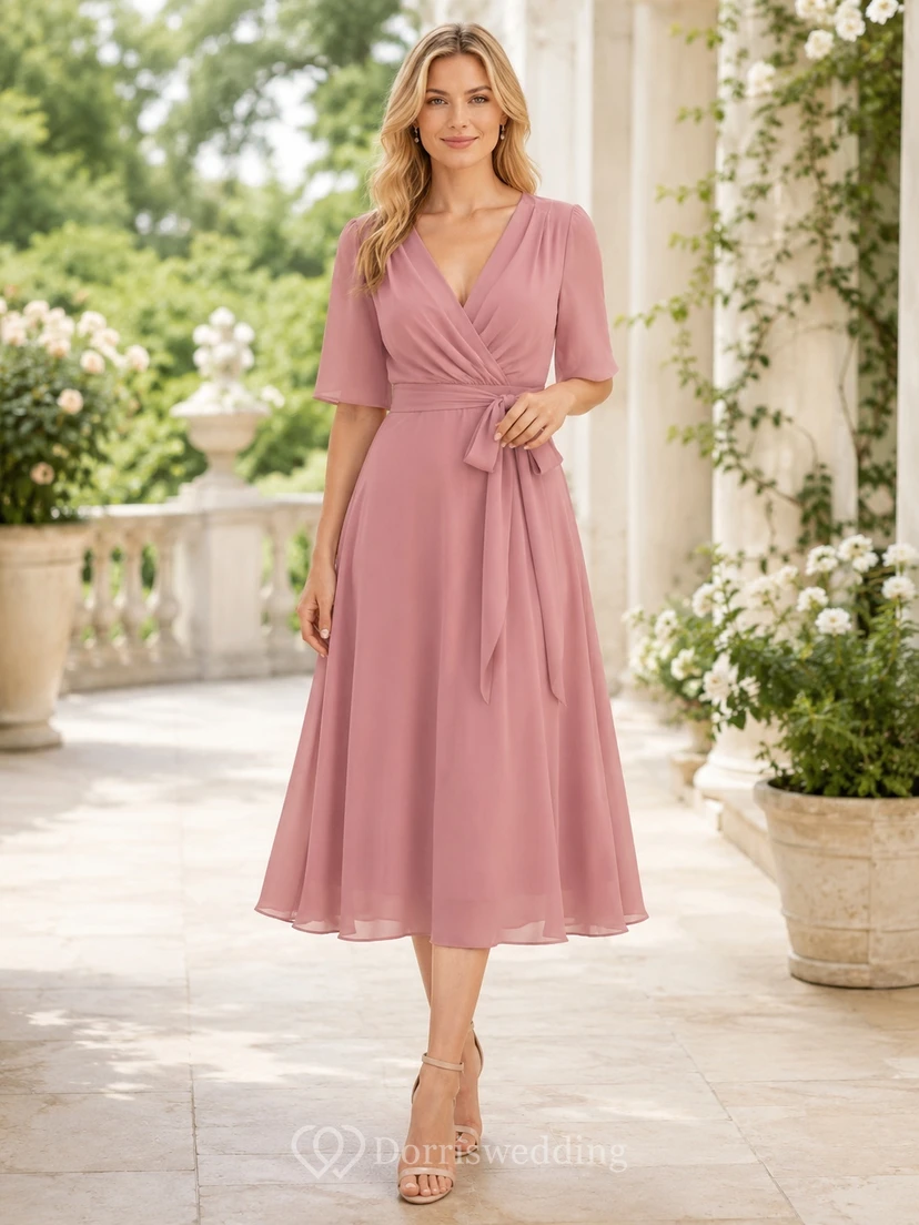 Dusty Rose Chiffon V-neck Short Sleeve Sash Tea-length A-Line Guest Dress