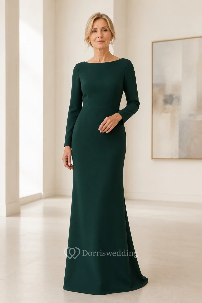 Dunkelgrünes Jersey-Etui-Kleid mit U-Boot-Ausschnitt und langen Ärmeln