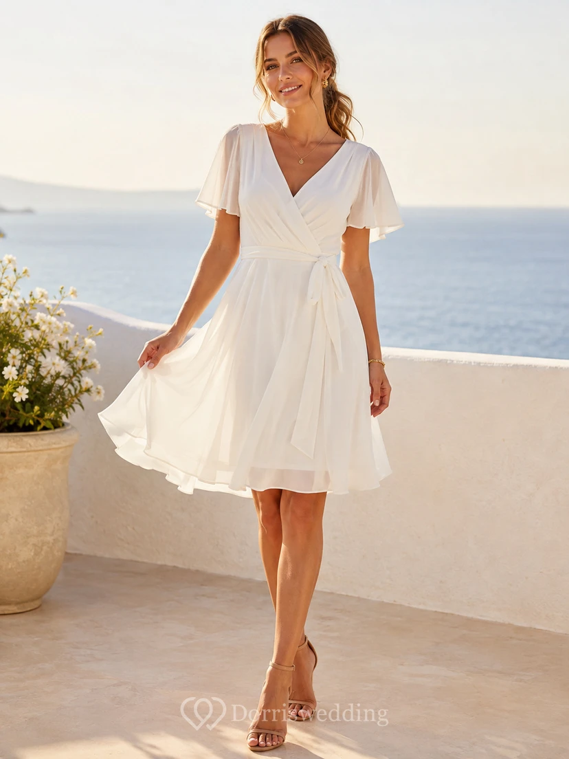 Vestido de cóctel de boda informal de corte A, romántico, con escote en V, mangas acampanadas y fajín de gasa hasta la rodilla.