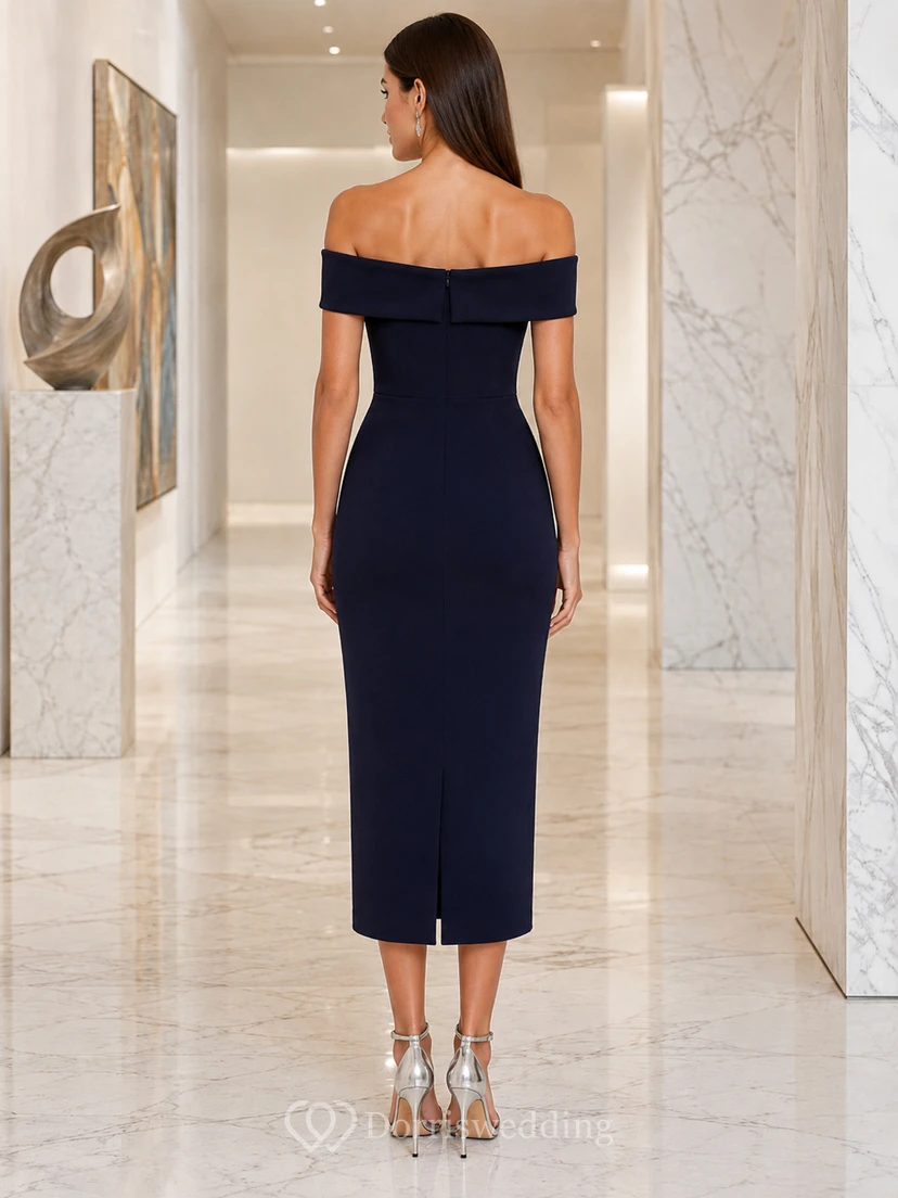 Dark Navy Upscale City Wedding Guest Cocktail Formal Dress Pencil Knee-Length Off-Shoulder Sleeveless Jersey Zipper Back view 2