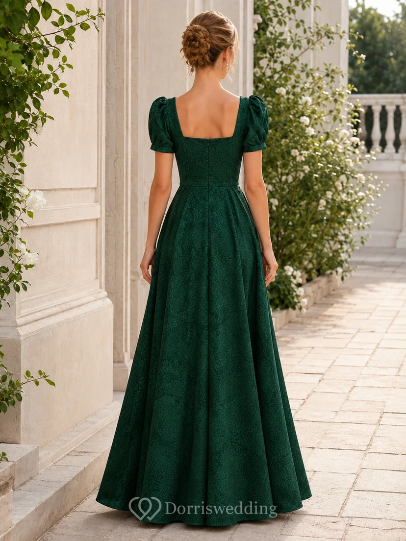 Vintage-Kleid in Dunkelgrün mit Jacquardmuster, A-Linie, bodenlang, mit quadratischen Puffärmeln view 2