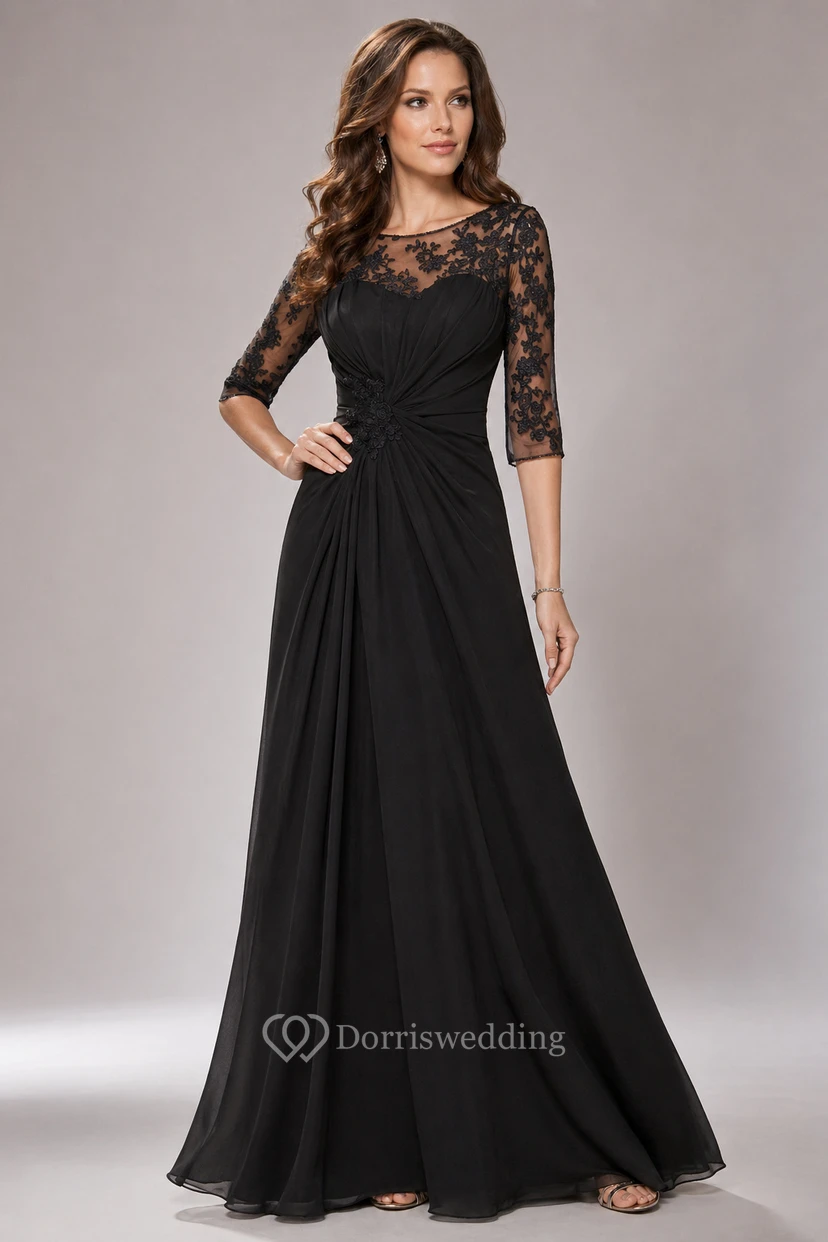 Half-Sleeved A-Line Long Mother Of The Bride Dress With Keyhole Back And Appliques view 8