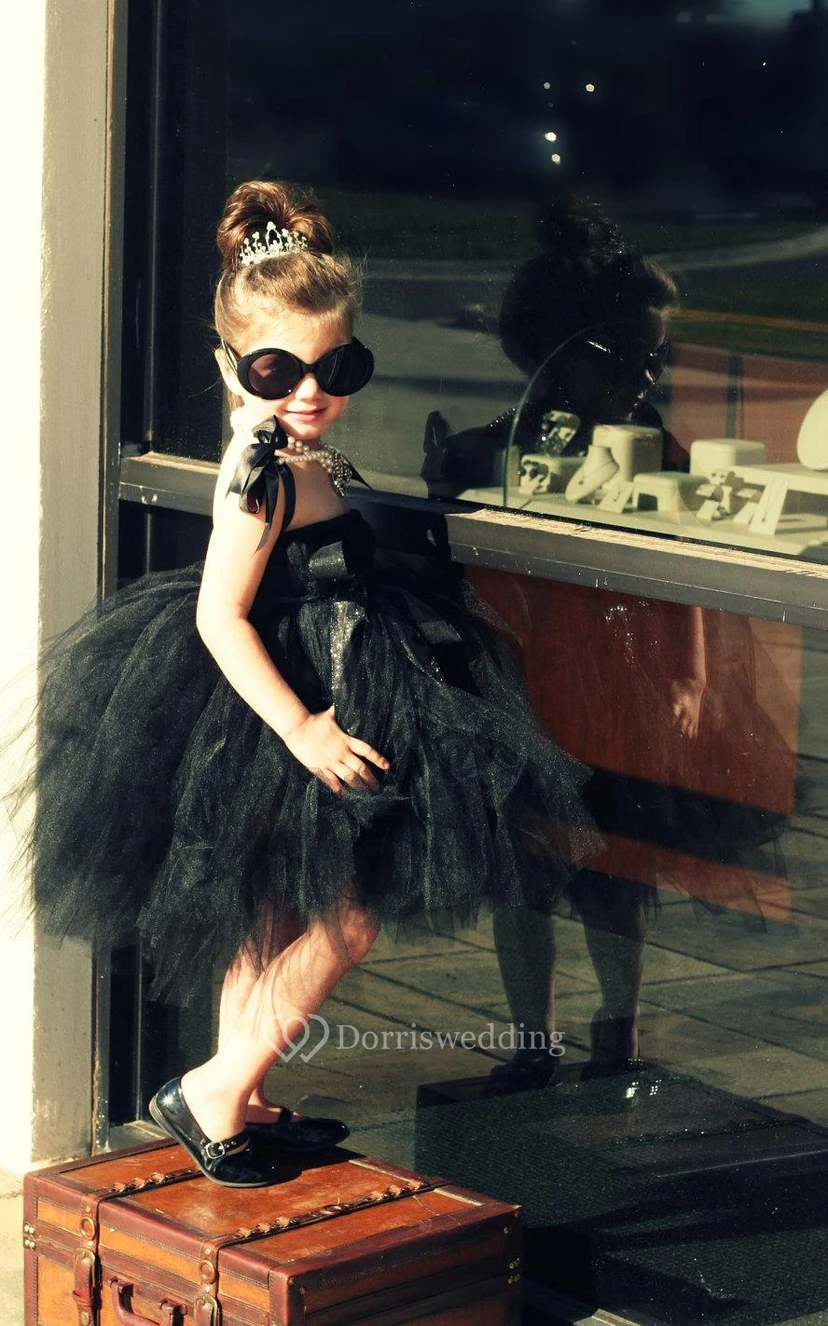Jewel Neck Backless Tiered Knee Length Tulle Dress With Bows view 3