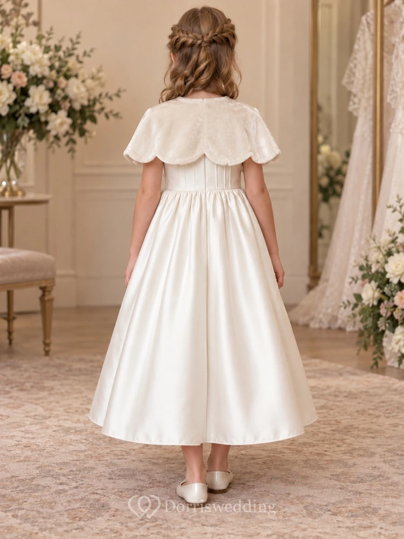 Schlichtes, teelanges, elfenbeinfarbenes Capelet mit Muschelsaum und Abnähern aus Satin für Blumenmädchen view 2
