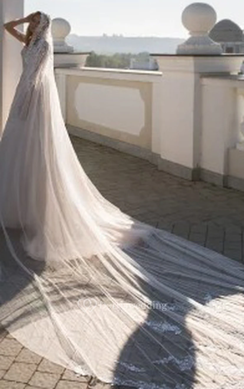 Simple Illusion Jewel A Line Lace Floor-length Long Sleeve Wedding Dress with Appliques view 4