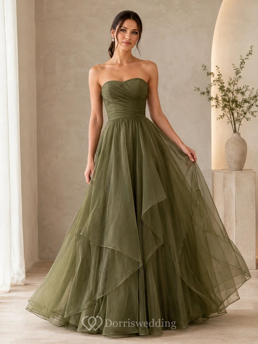 Luxury Sage Strapless Layered Tulle Ball Gown Formal Dress