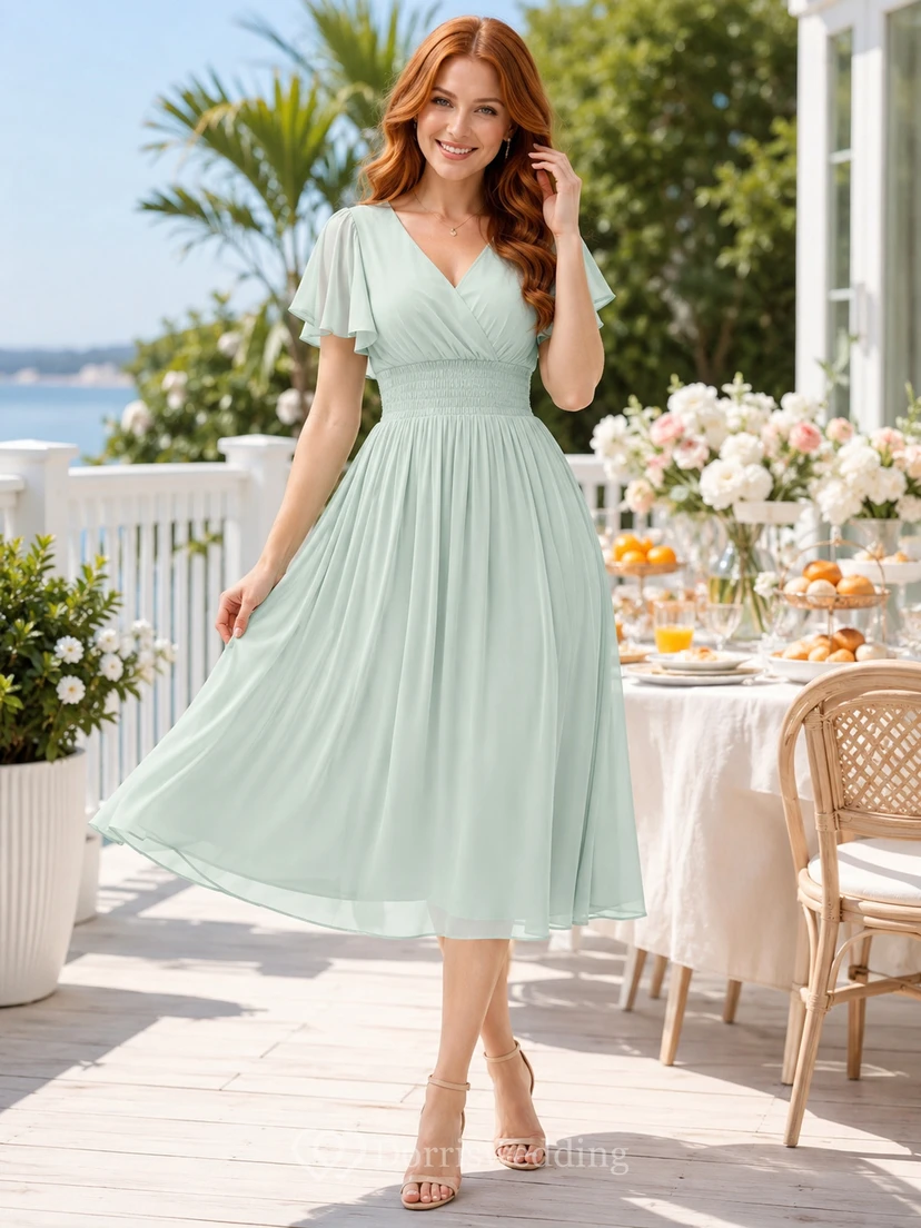 Mint V-neck flutter sleeve pleated chiffon A-line midi dress