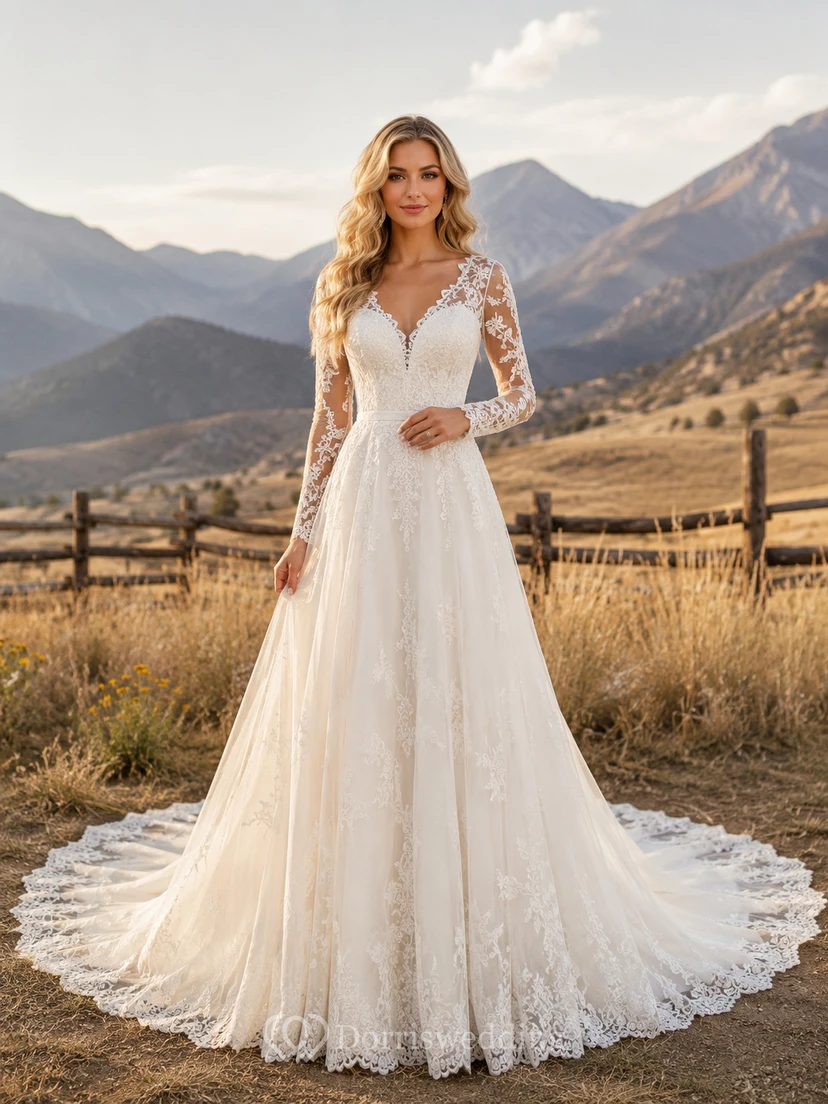 Robe de mariée western rustique en dentelle à manches longues et coupe trapèze avec traîne