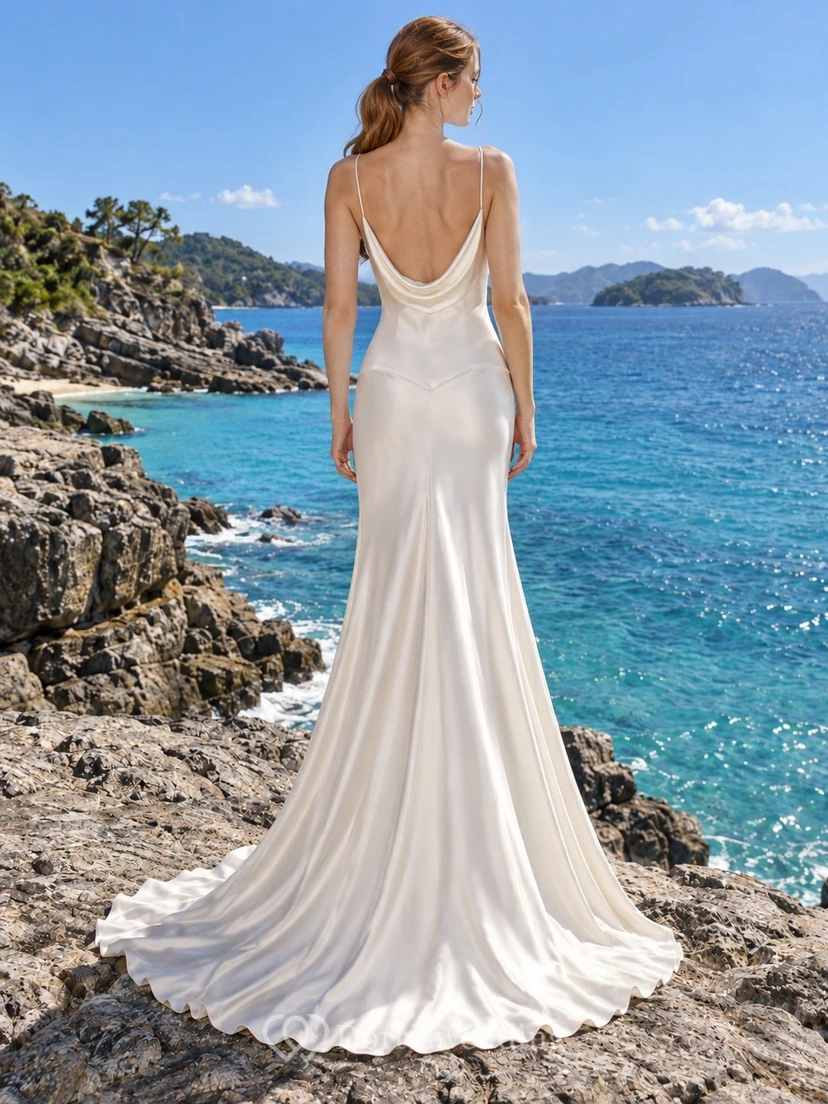 Einfaches Strandhochzeitskleid aus Satin mit Wasserfallausschnitt und tiefem Rückenausschnitt view 2