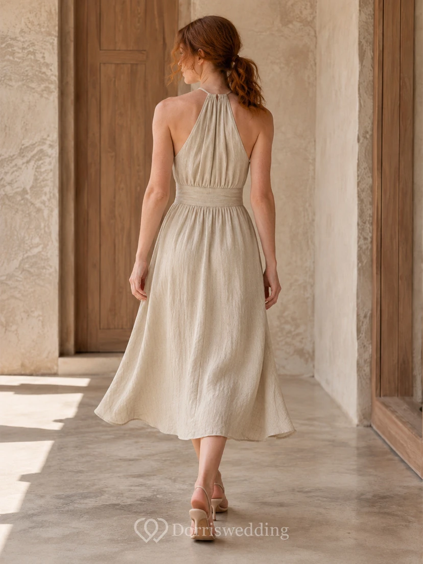 Beige Linen Halter High Neck Belted A Line Midi Dress view 2