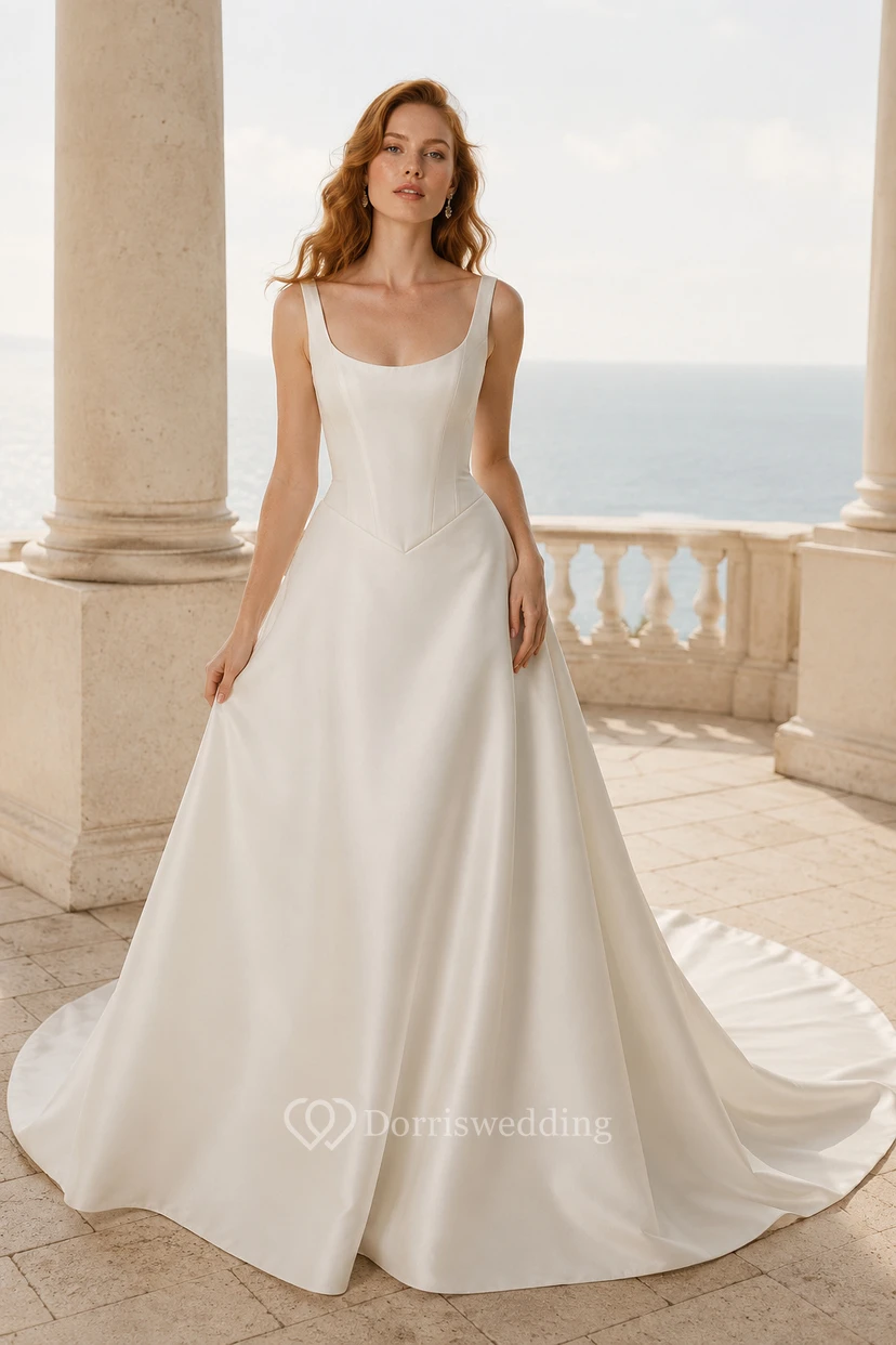 Ivory Scoop Neck Satin Ball Gown Wedding Dress with Low Back