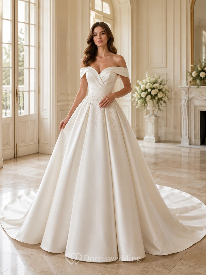 Modern Satin Off shoulder Short Ball Gown Cathedral Pleats Refined Zipper Back Wedding Dress