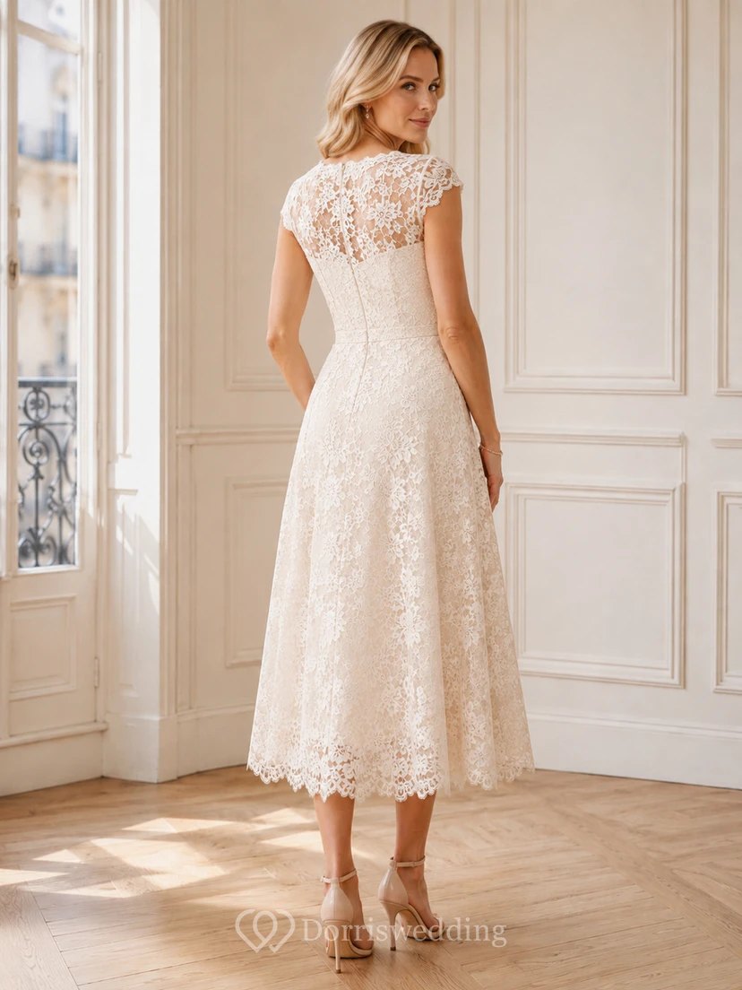 Vestido de novia vintage de encaje con escote corazón y mangas cortas, largo hasta la rodilla, estilo barco, para bodas al aire libre. view 2