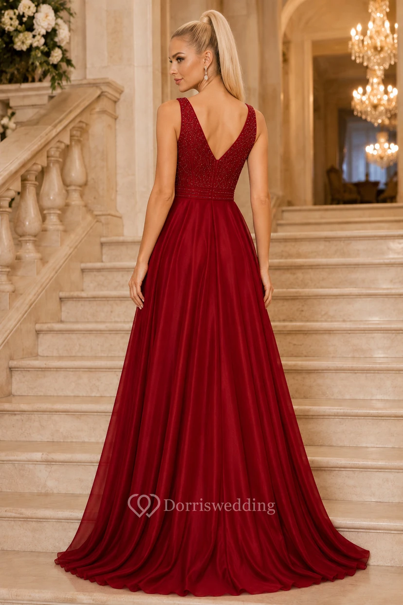 Rotes A-Linien-Abendkleid mit V-Ausschnitt, Spitzenoberteil und fließendem Chiffonrock view 2