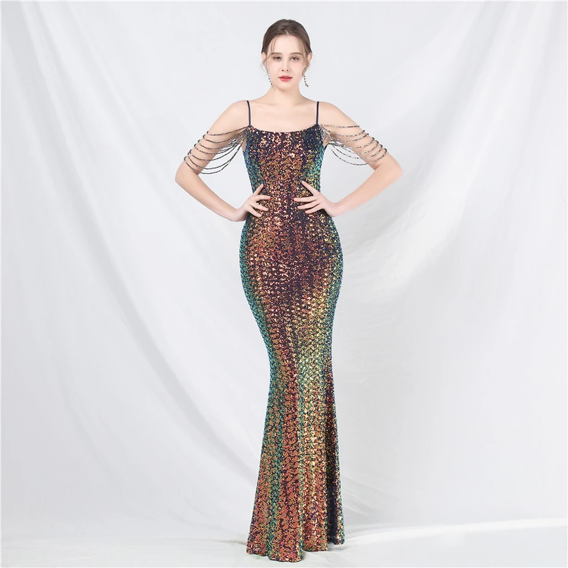 Robe de soirée longue à sequins et perles fantaisie view 10