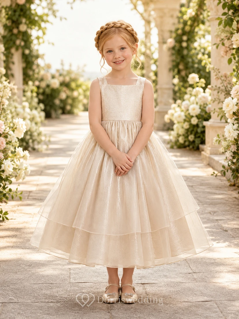 Champagne Elegant A-Line Organza Flower Girl Dress Sleeveless Scoop Neck Floor-Length Soft Layers