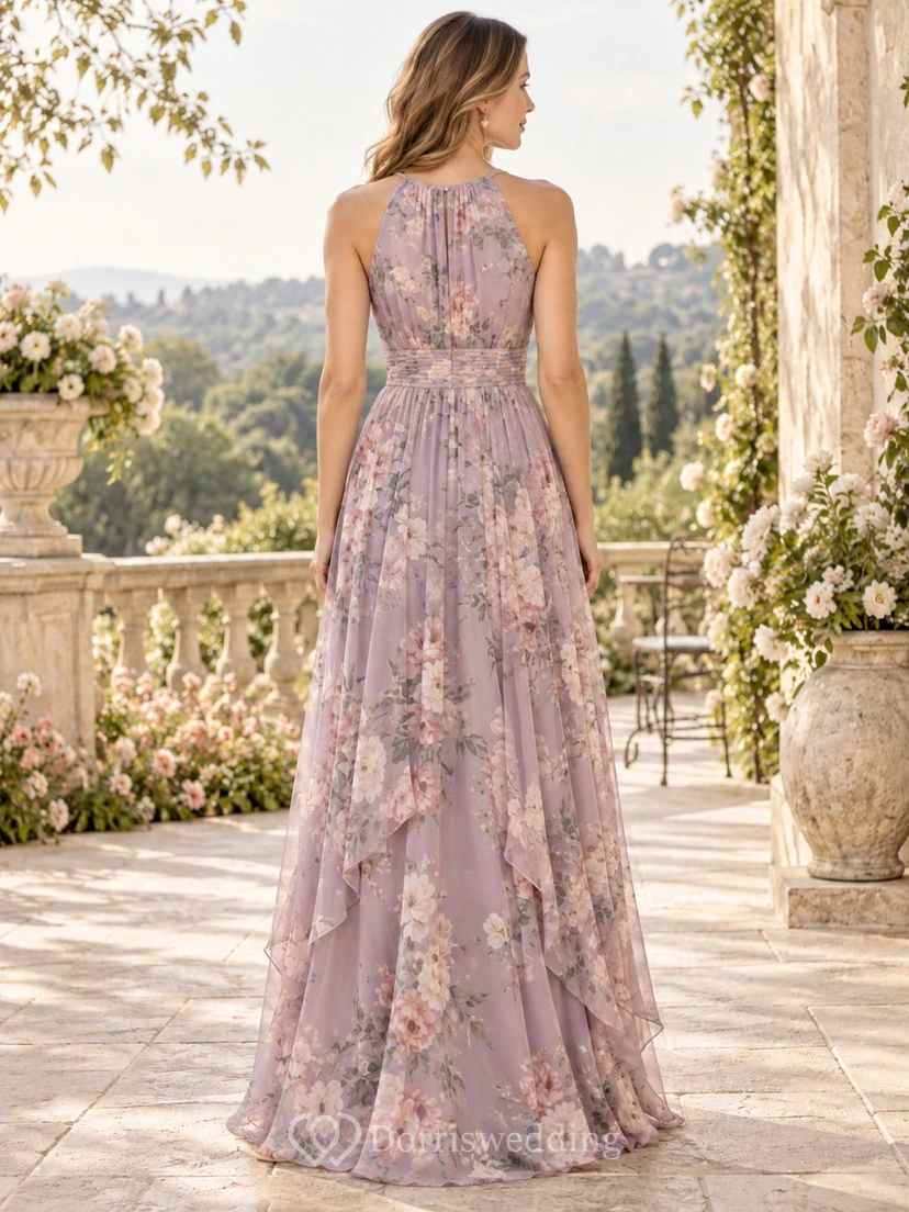 Vintage Brautjungfernkleid aus Chiffon mit Wisteria-Blumenmuster, Neckholder und Lagen, bodenlang, A-Linie view 2