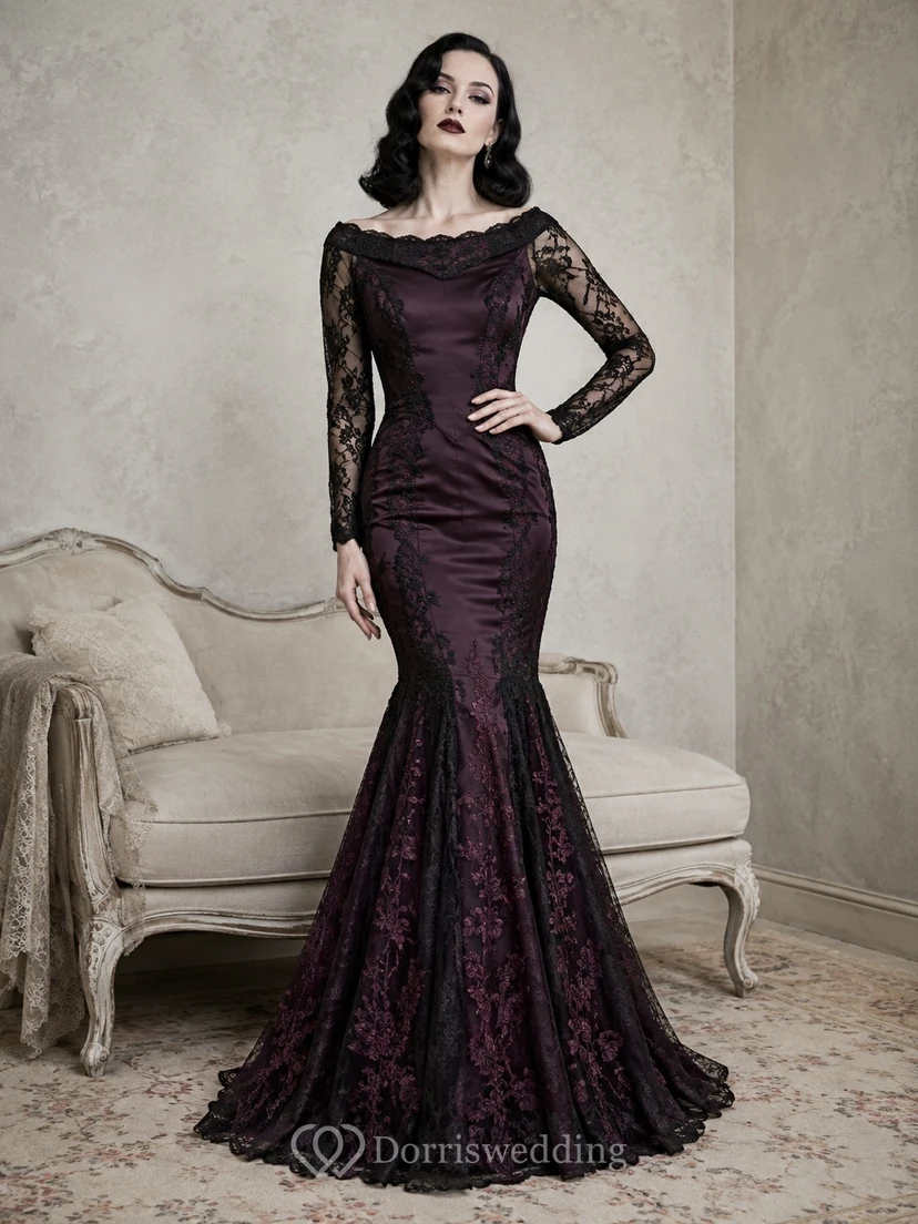 Vintage Pflaumenfarbenes, schulterfreies, langes Meerjungfrauen-Kleid mit Schleppe und Spitze aus Spitze im Gothic-Stil