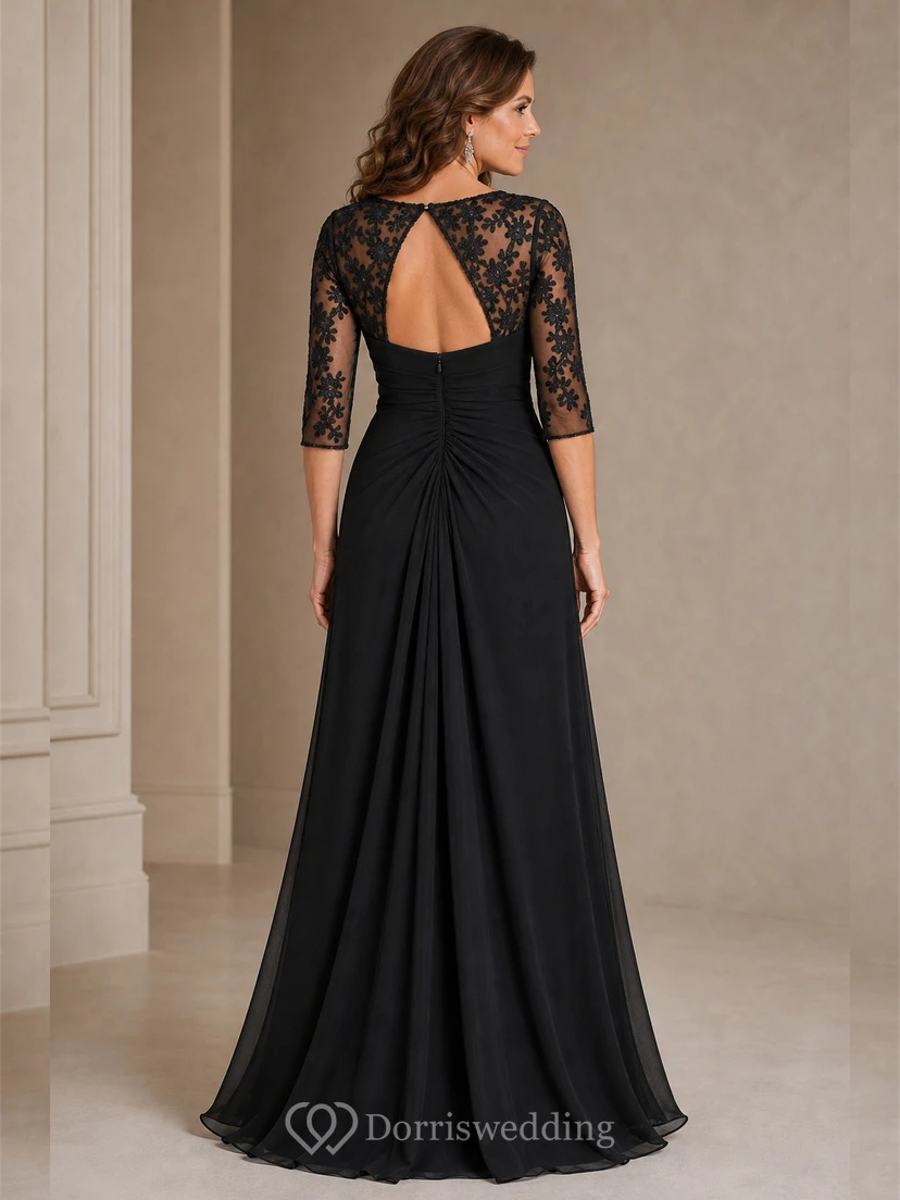 Half-Sleeved A-Line Long Mother Of The Bride Dress With Keyhole Back And Appliques view 2