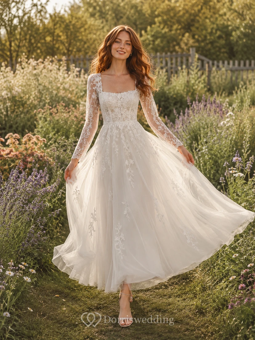 Garden Long Sleeve Lace A-Line Tea-Length Wedding Dress
