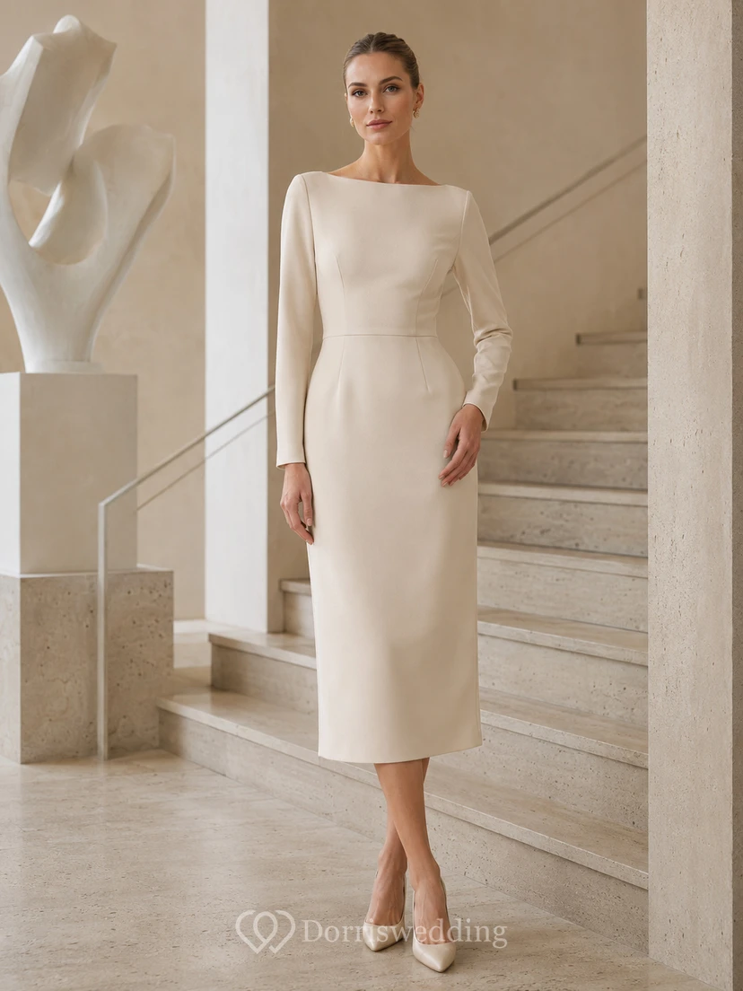 Champagne Bateau Long Sleeve Crepe Sheath Ankle Modest Formal Guest Dress