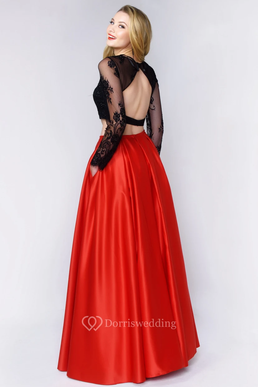 Two-Piece A-Line Scoop-Neck Long Sleeve Satin Keyhole Dress With Lace And Appliques view 2