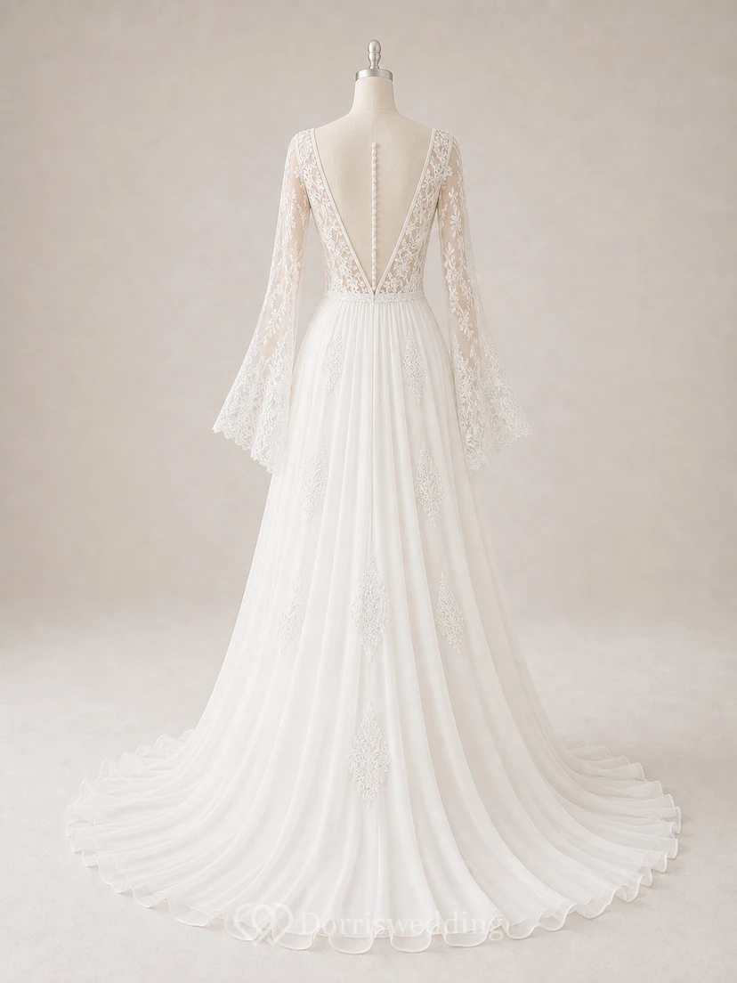 Bohemianisches A-Linien-Brautkleid aus Tüll, bodenlang, langärmelig, rückenfrei und gerafft view 8