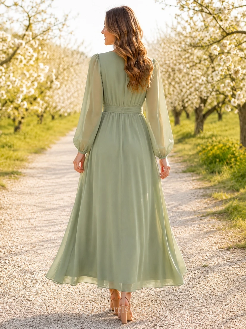 Salbeigrünes Chiffon-Maxikleid im Boho-Stil mit V-Ausschnitt, langen Ärmeln und A-Linien-Schnitt view 2
