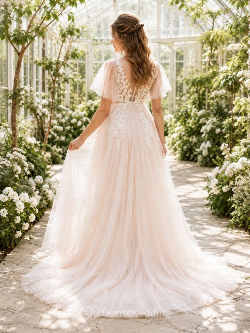 Vestido de novia romántico premamá con escote en V, mangas cortas y encaje floral estilo imperio view 2