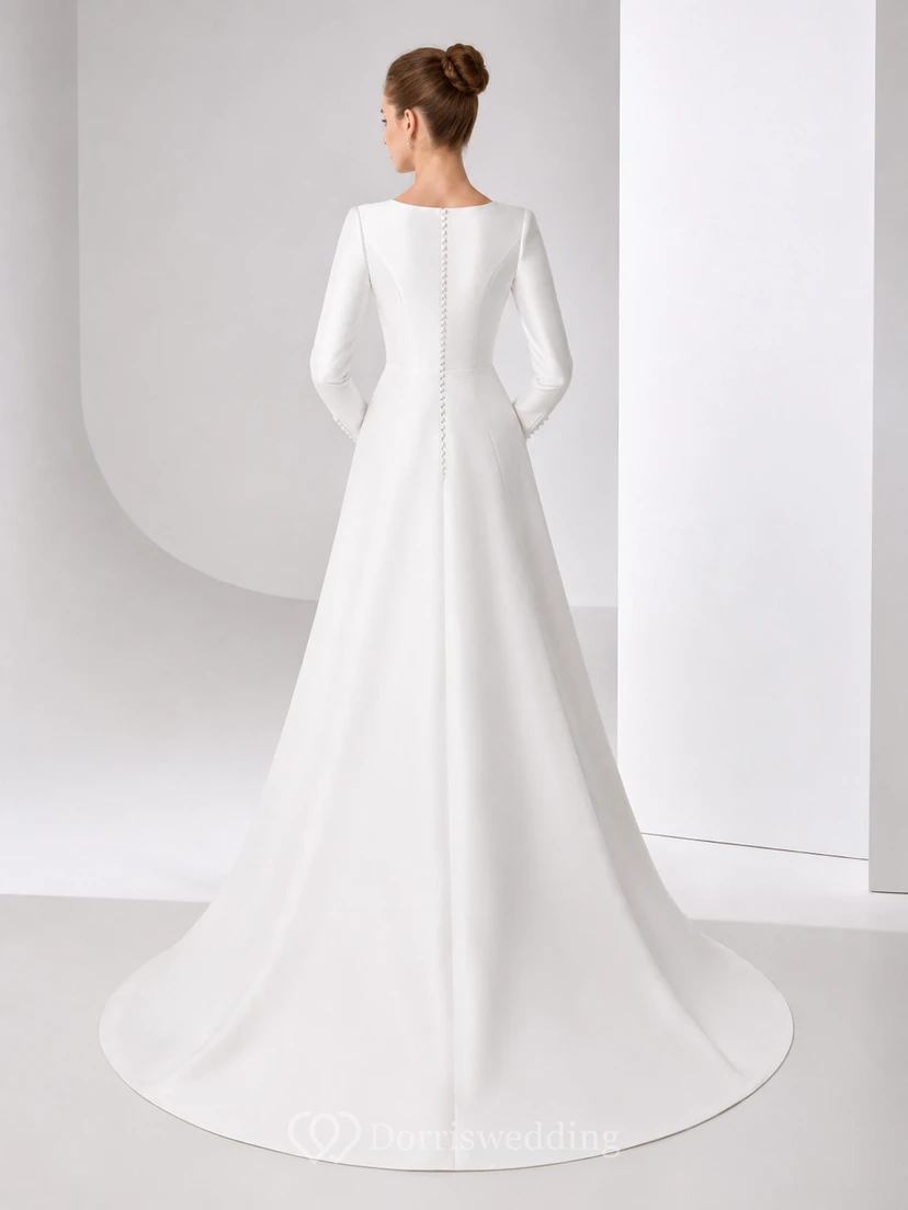 Vestido de novia religioso sencillo y modesto de manga larga, estilo estudio. view 2