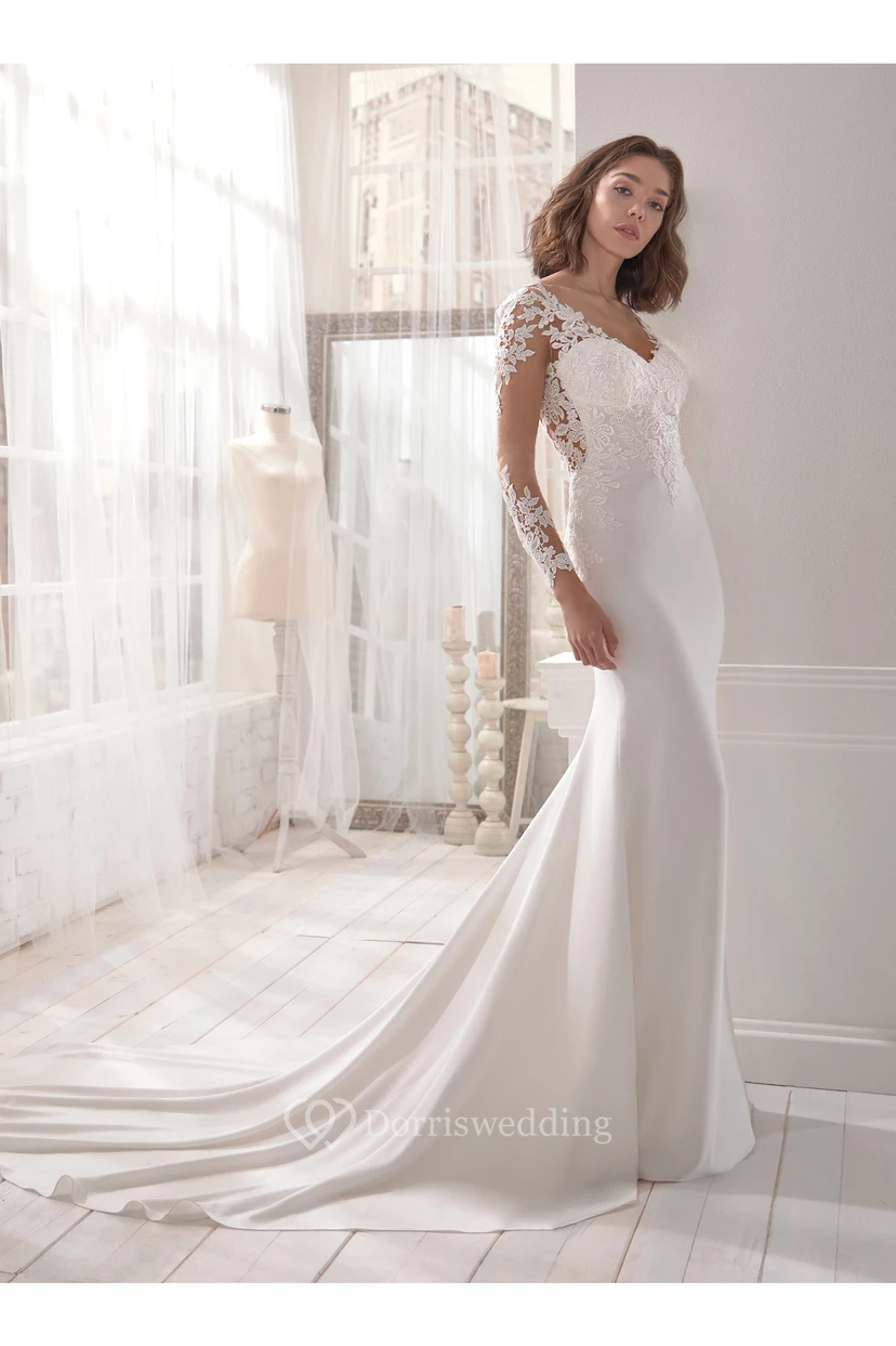 Charming V-neck Sheath Long Sleeve Wedding Dress With Illusion Back