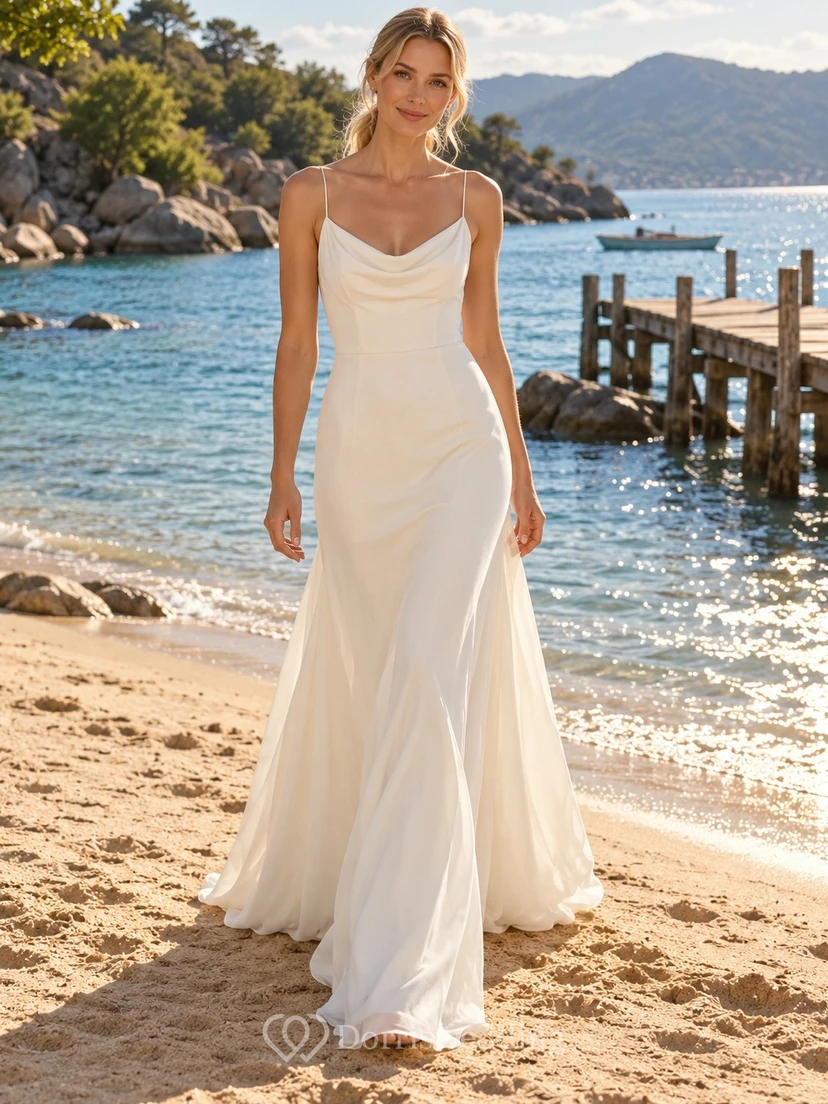 Vestido de novia sencillo de gasa con escote drapeado, tirantes finos y espalda descubierta.