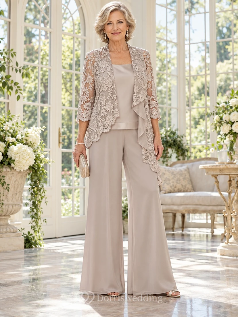 Taupe Scalloped Floral Lace Jacket Wide Leg Mother Pantsuit