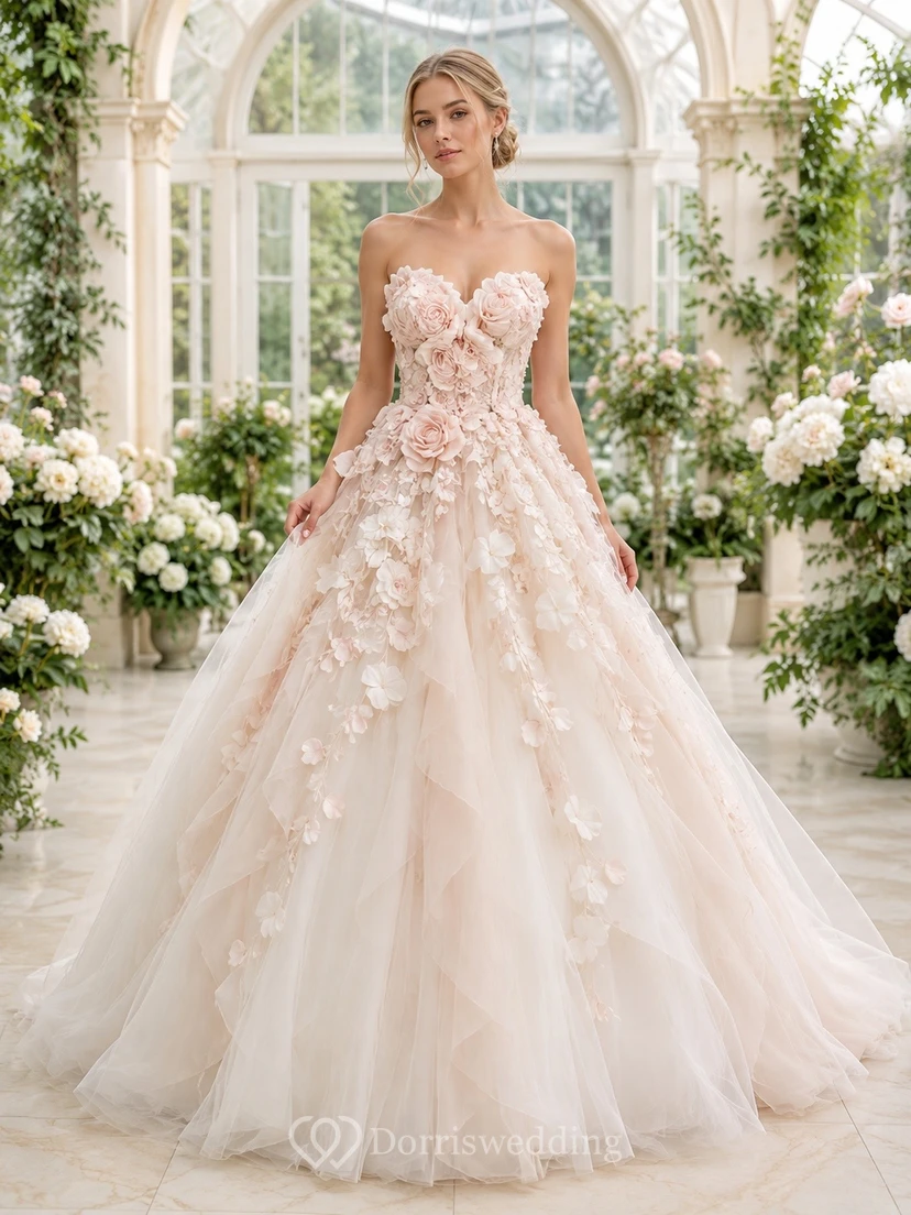 Off Shoulder Ball Gown Tulle bouquet-like Elegant Bridal Wedding Dress