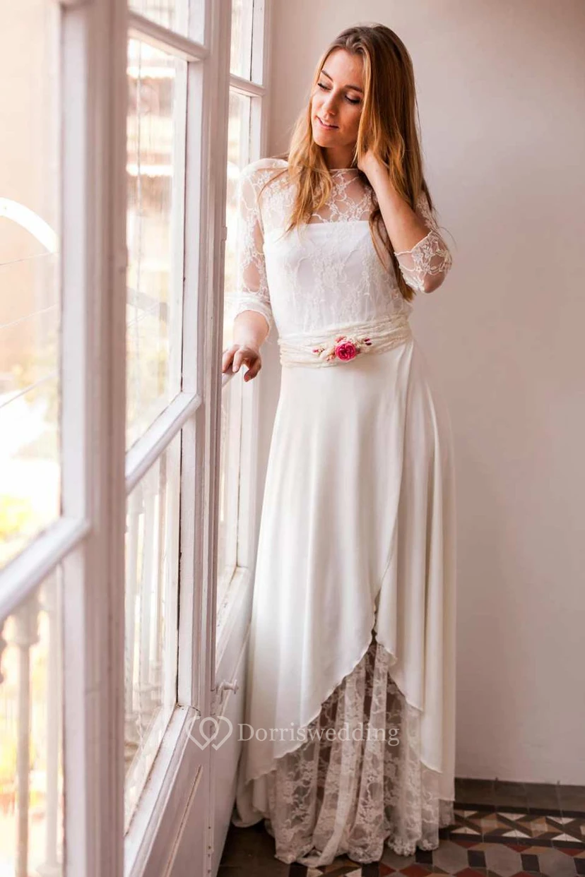 Schlichtes, bodenlanges Brautkleid aus Chiffon mit U-Boot-Spitze und Illusionseffekt sowie Falten view 3