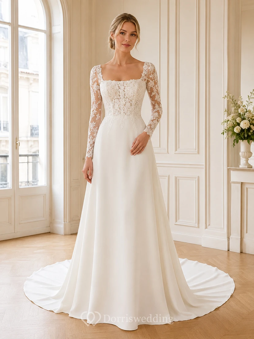 Robe de mariée en satin, coupe trapèze, col carré, manches longues illusion en dentelle, manches en dentelle, style chapelle