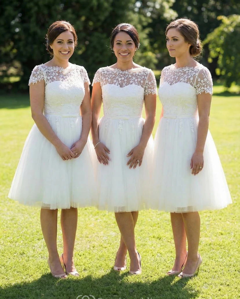 Short Sleeve White Tulle Lace Bridesmaid Dress