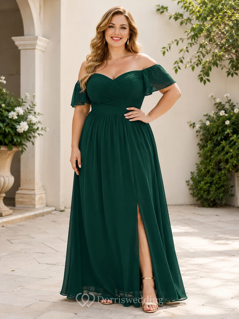 Emerald Dark-Green Off-Shoulder Sweetheart Short-Sleeve Chiffon A-Line Floor-Length Plus-Size Mother Evening Gown