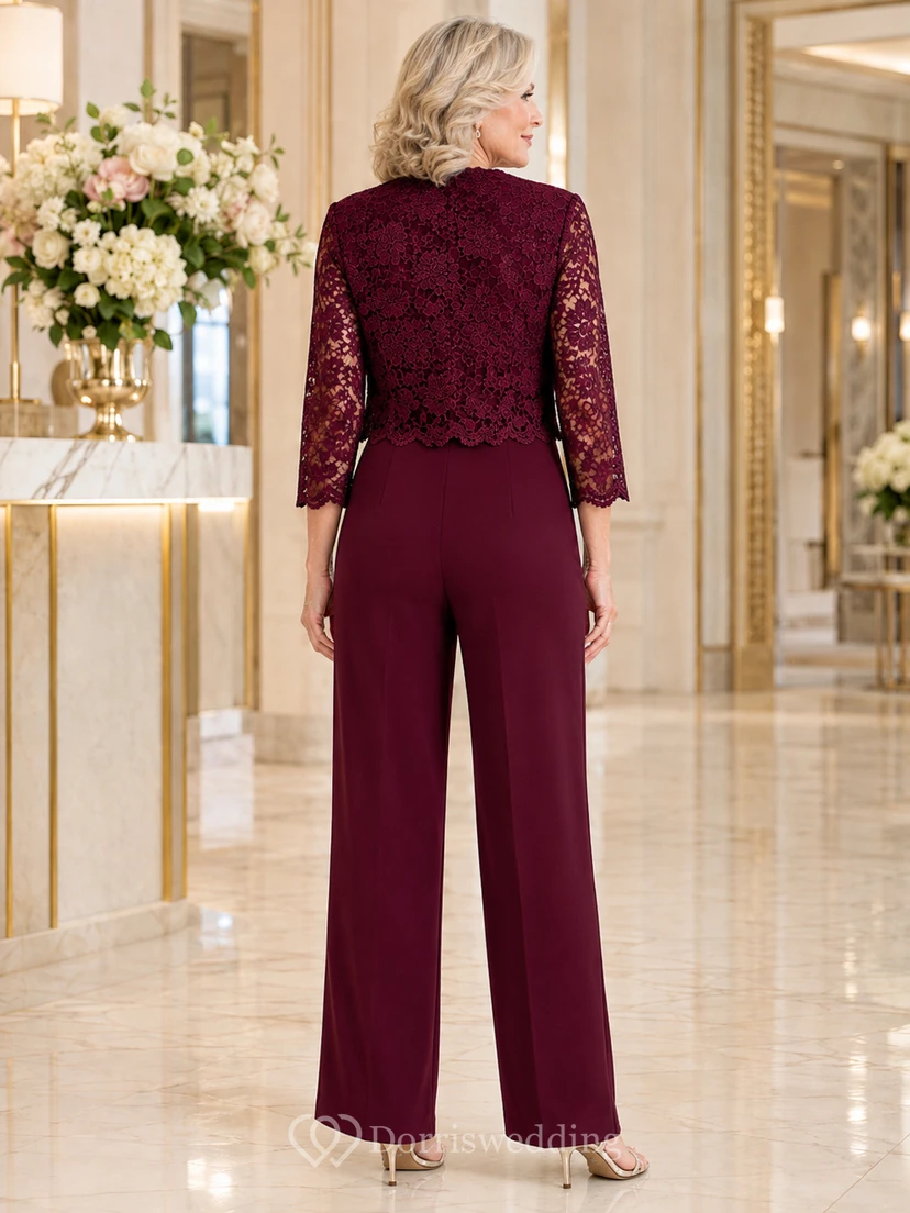 Burgunderfarbener Jumpsuit mit Kapuzenjacke aus Spitze und weit geschnittener Hose view 2